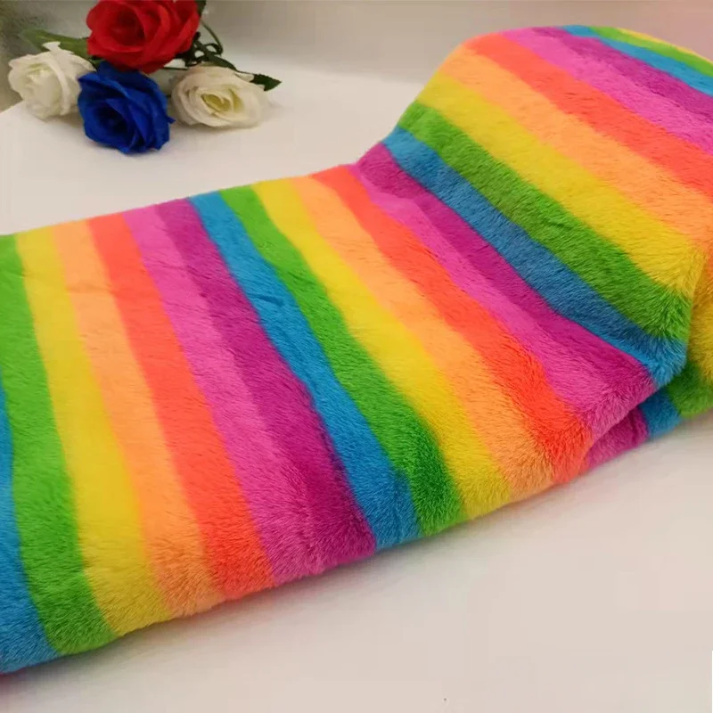 100x160cm Thickened Fur Fabric for Coats Clothes Diy Sewing Plush Soft Imitation Otter Rabbit Rainbow Stripe Decorative Cloth