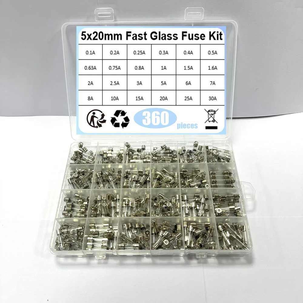 360Pcs/Box 24Values 5x20mm Fast Glass Fuse Kit 0.2A 0.5A 1A 2A 3A 5A 6A 8A 10A 15A /250V 5*20 Insurance Tube Package