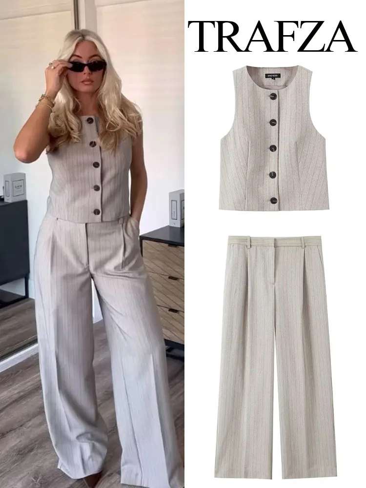 TRAFZA 2025 Women O-Neck Sleeveless Single-breasted Vest Top+High Waist Zipper Pocket Wide Leg Long Pants 2 Piece Stripe Set