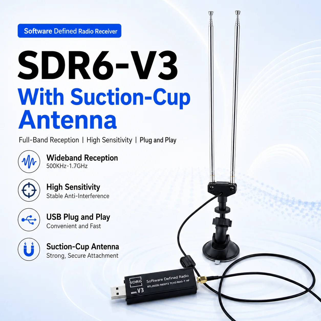 SDR6‑V3 RTL‑SDR Receiver RTL2832U+R860 1PPM TCXO Bias‑Tee 500kHz‑1.7GHz Software Defined Radio Receiver with Suction Cup Antenna