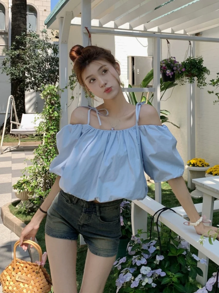 Top Estivo da Donna in Poliestere con Spalle Scoperte, Maniche a Palloncino e Design Casual