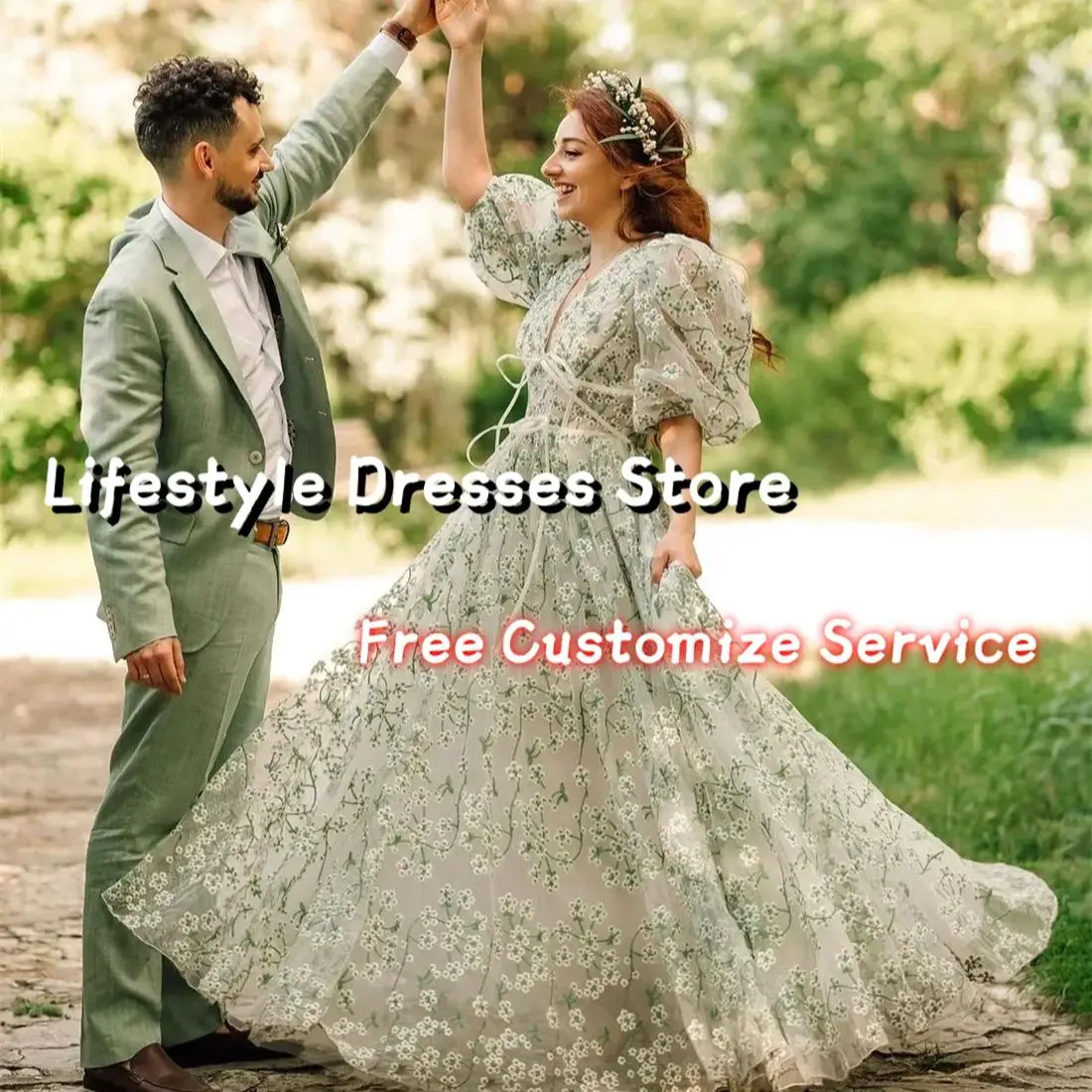 V-Neck Ribbon Flower Embroidery Tulle Prom Dresses Half Sleeves Gorgeous A-line Evening Dresses 2024 Bridal Wedding Party Gown