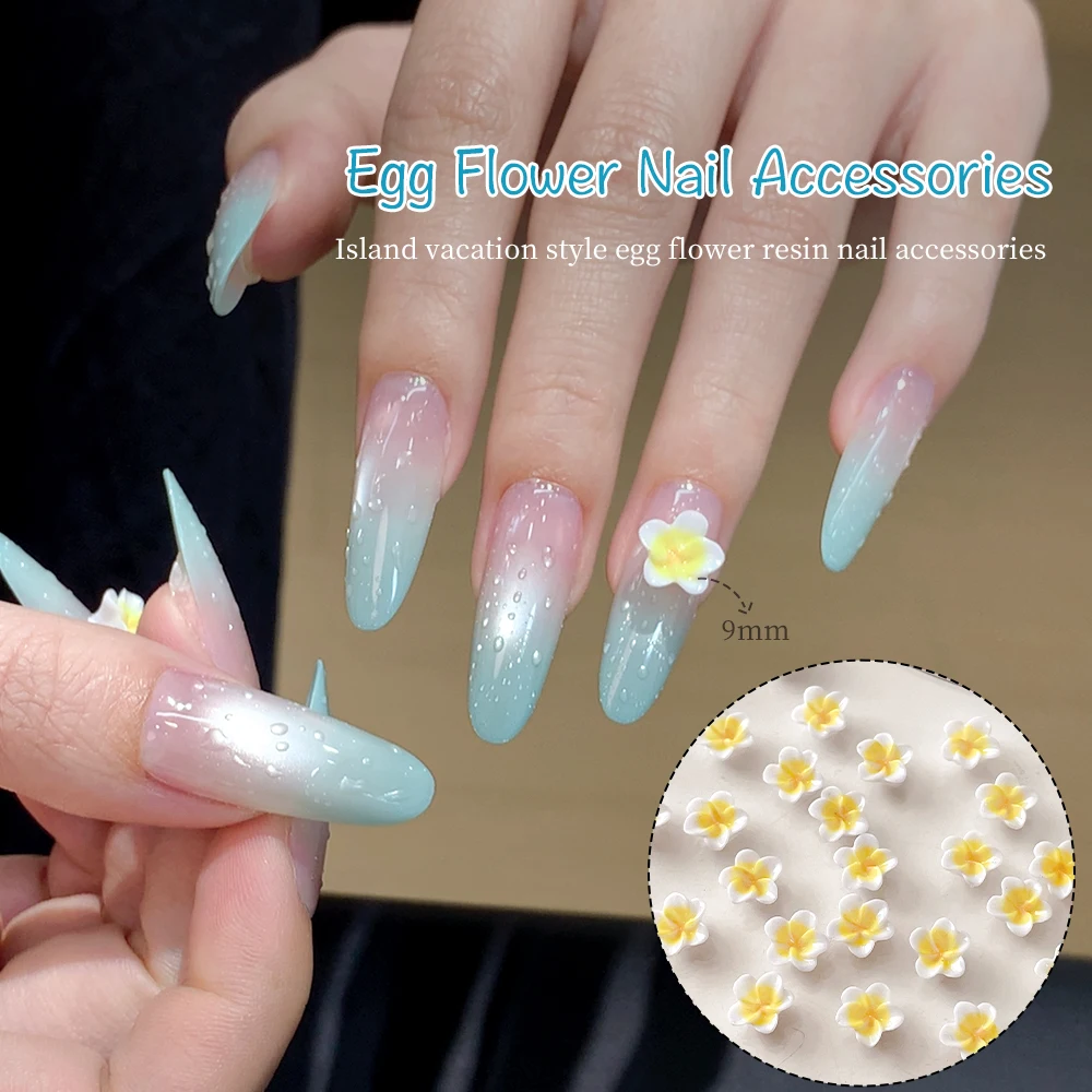 KANIU 9MM 100 Stück 3D Niedliche Kreative Gelb-Weiße Harz-Ei-Blumen Nagelcharms für Nagelkunst-Zubehör Ohrringe Haaraccessoires Dekoration