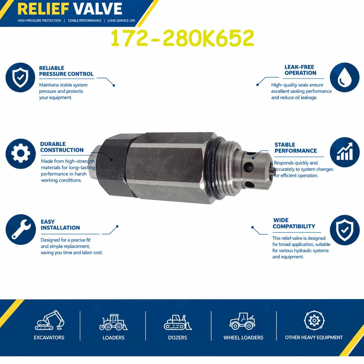 172-280K652 Relief Valve For Hyundai R200-3 R200-5 R210-5 R290-3 R300-3 R300-5