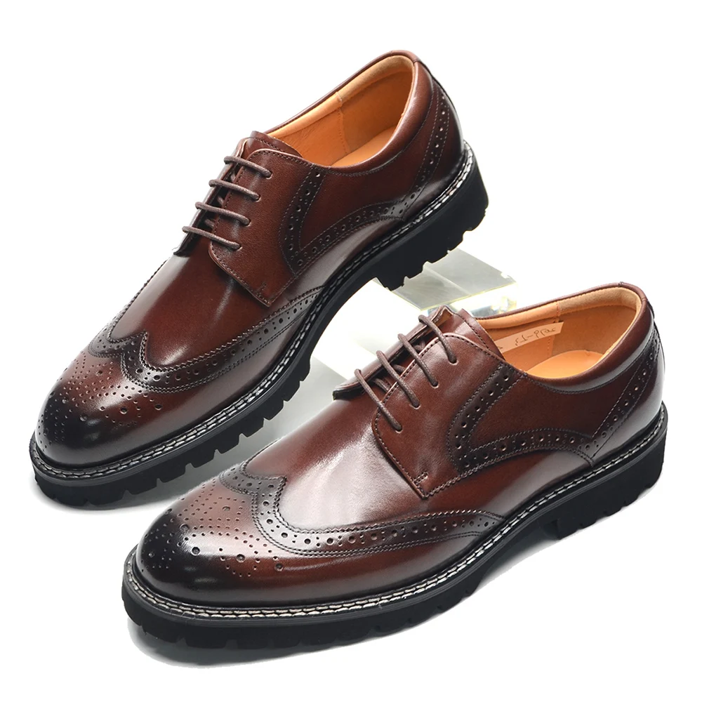 Handsome Men's Luxury Sneakers 2024 Autumn Original Fashion Real Leather Casual Shoes Round Toe Wingtip Brogue Social Oxfords