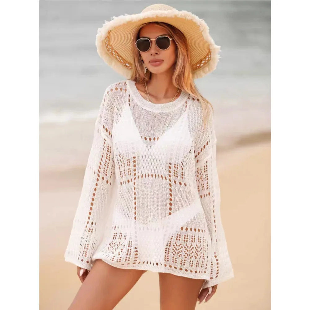 Fashion Sexy Bikini Sunscreen Knitwear Elegant Summer New Round Neck Hollow Women's Long Sleeve Shirt Casual Beach Solid Blouse