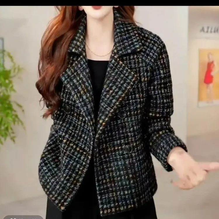 

High-end Small Fragrant Style Plaid Blazer Coat Women Spring Autumn Fashion Casual Woolen Suit Jacket Office Lady Short Outwear