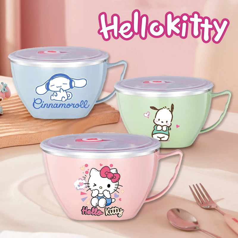 

Sanrio Hello Kitty миска для лапши из нержавеющей стали мультяшный портативный контейнер для еды с крышкой двойной изолированный противоожоговой ланч-бокс