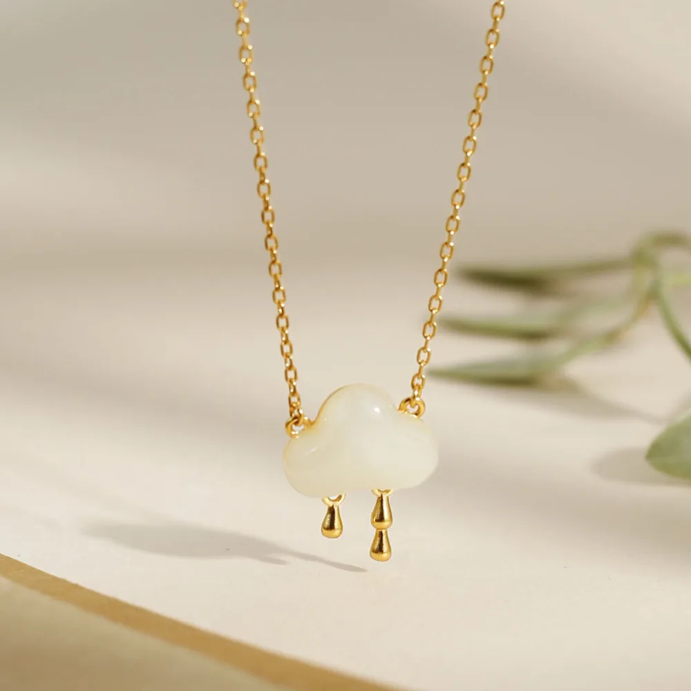 

GL Hetian Jade Pendant Necklace, 925 Silver Plated Gold, Cloud Pattern White Jade, Unique Design, Lightweight Luxury Choker