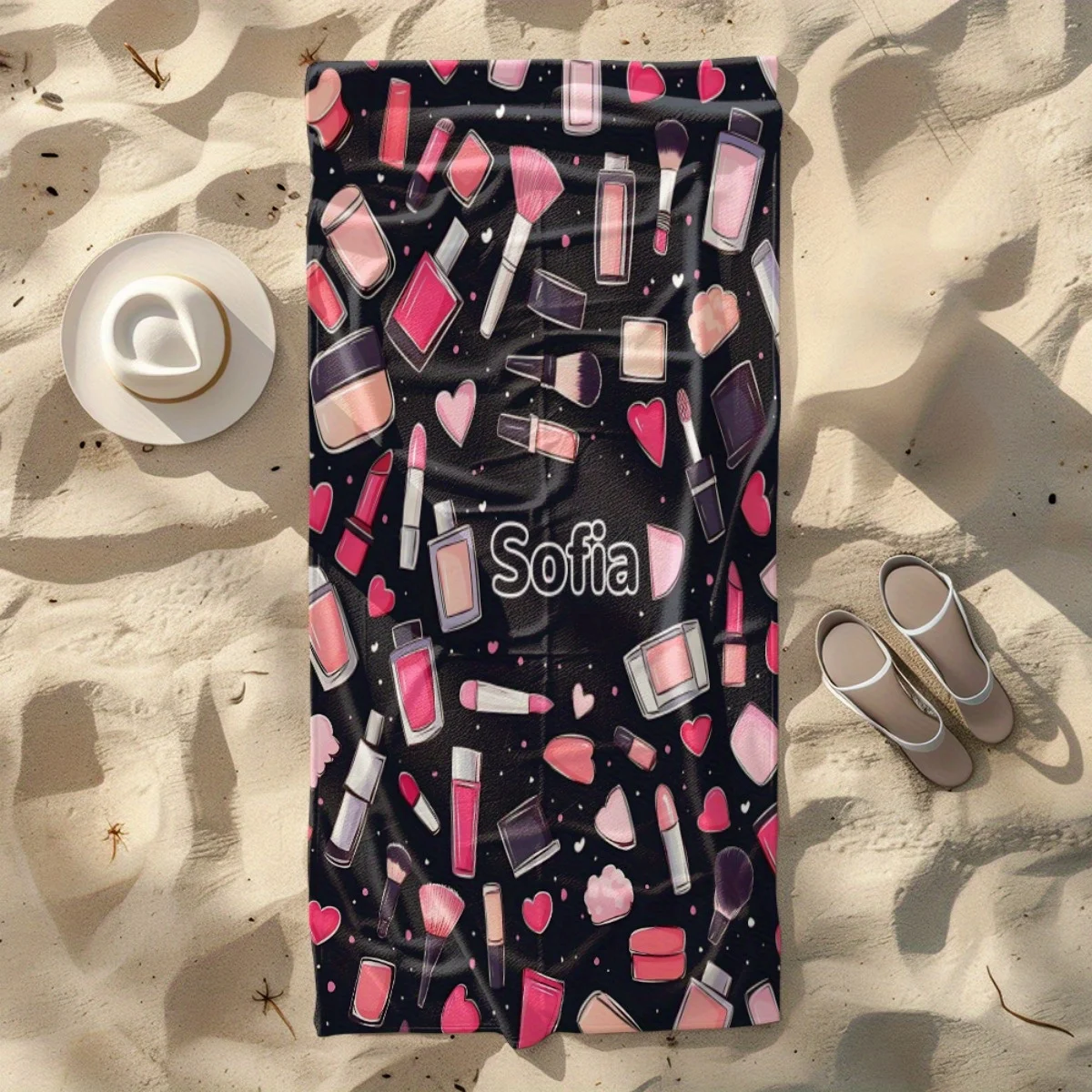 Custom Makeup Beach Towel Personalized Name Sofia Cosmetics Microfiber Bath Towels Soft Quick Dry Swimming Pool Lounger