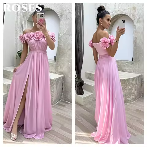 ROSES Pink Party Dress Off The Shoulder Cut - out Waist Evening Dresses with Floral Ruffles and High Slit Prom Dress Customized
