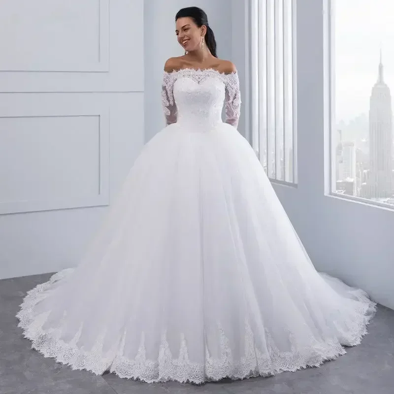 Customized White Wedding Dress Ball Gown Elegant Embroidered Flower Big Lace Train Long Sleeve Bridal