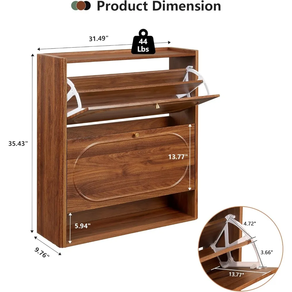 신발 수납장 2개의 플립 서랍이 있는 나무 좁은 신발장 현관용, 플루티드 숨겨진 신발 정리함