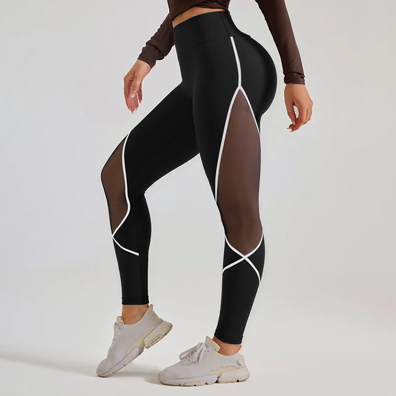 Sheer Mesh Patchwork Yoga Leggings Woman Spring Summer Thin Gym Running Fitness Leggings Chic Contrast Color Quick-Dry Leggings