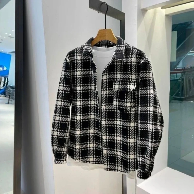 Casual Men's Wool Coat Spring Autumn Loose Checkered Ins Hong Kong Style Korean Versatile Outerwear