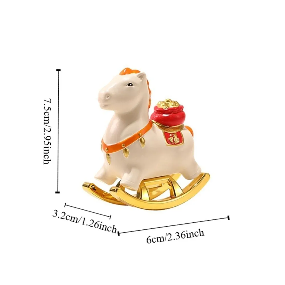 Resin Year of The Horse Zodiac Ornament Mini Auspicious Rocking Horse Desk Decoration with Blessing Word Horse Mascot Statue