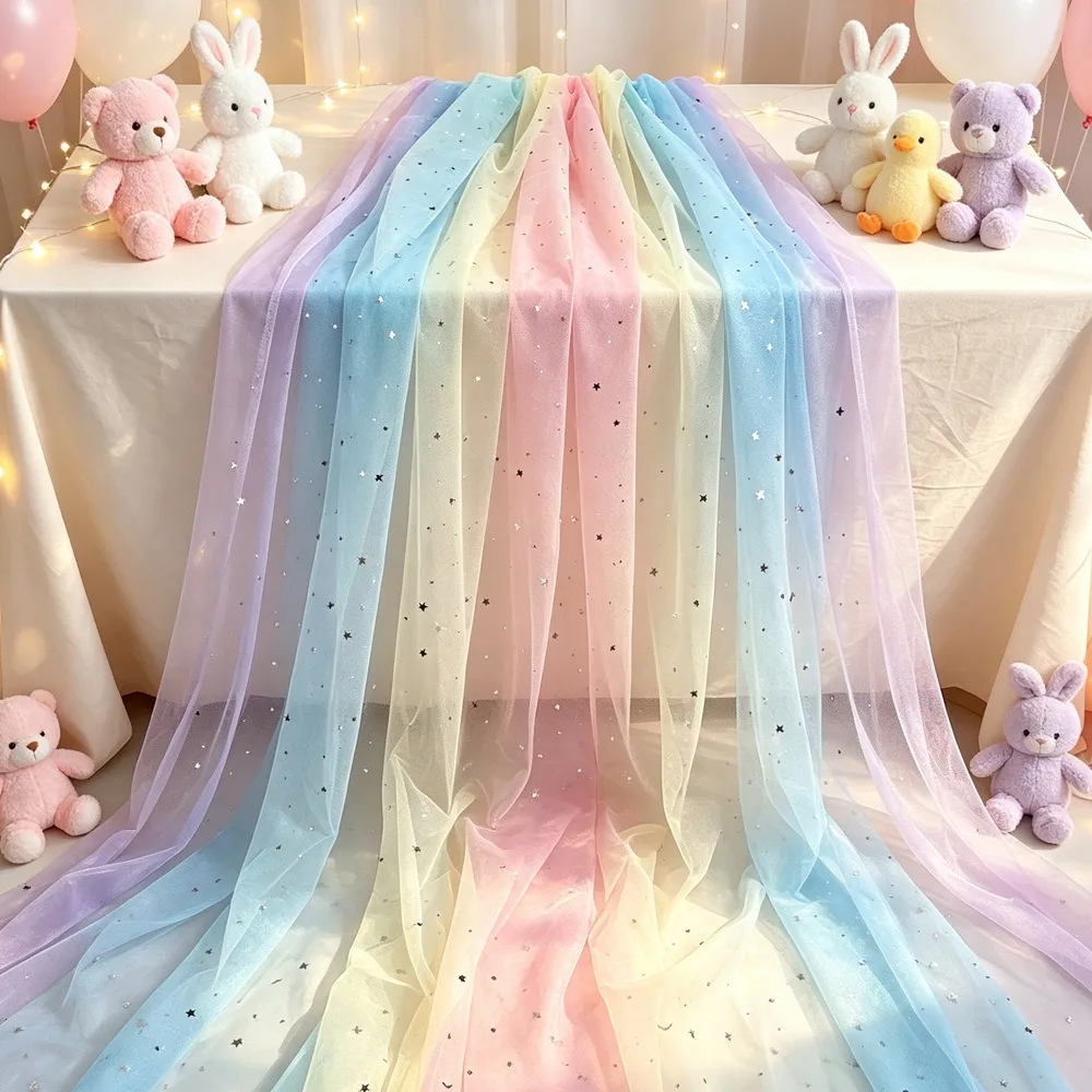 Macaron Colored Rainbow Tulle Table Runner Shiny Dot Gradient Table Flag Transparent Breathable Mesh Tulle Fabric Baby Shower
