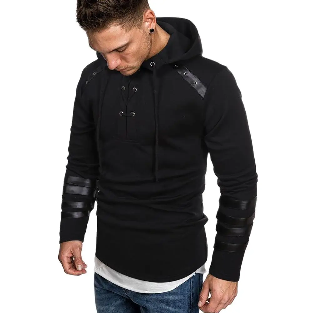 2023 Mens Patchwork Leather Sweatshirt Long Sleeve Tops Pullovers Autumn Casual Hoodies Boy Tracksuits Male Hooded Sweatshirts