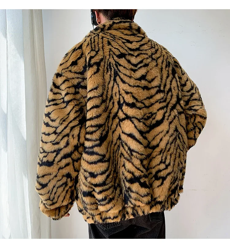 Luxury Brand Vintage Cargo Jacket Fluffy Fur Coat Men Clothing Trend Loose Furry Faux Fur Tiger Leopard Print Harajuku Korean