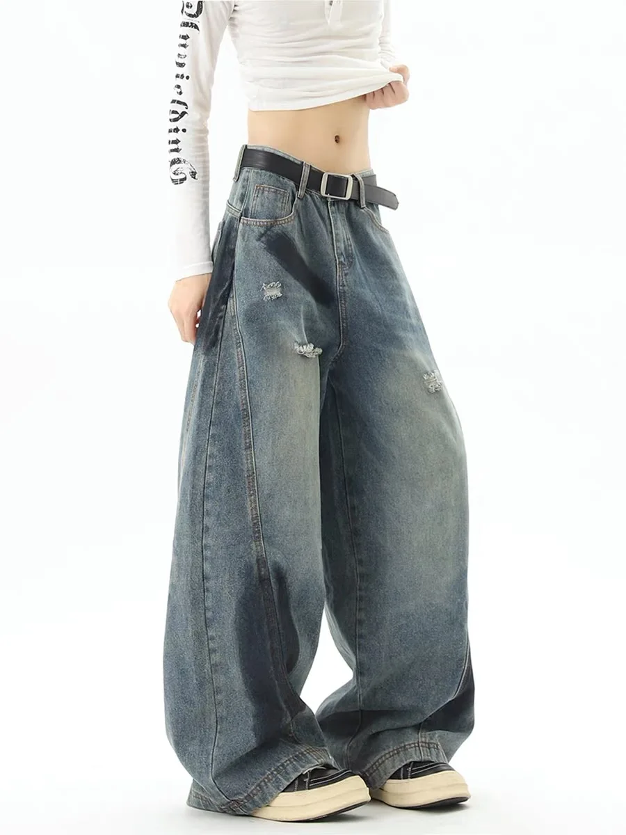 

American Style Spray Painting Vintage Wide Leg Jeans Women Summer Drapey Loose Fit Floor Length Pants High Waist Zipper Closure