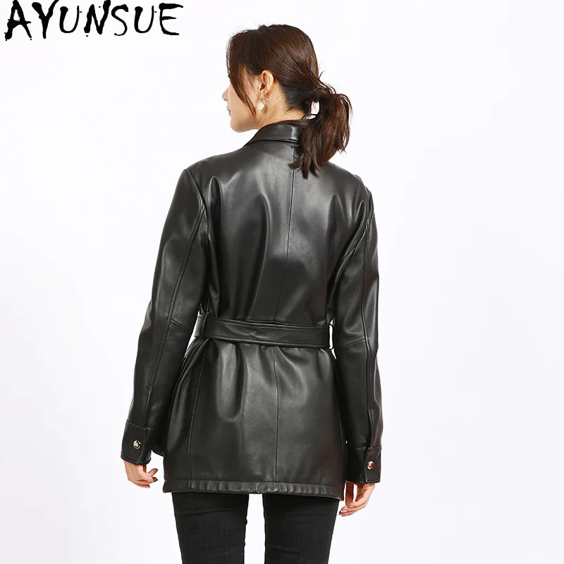 AYUNSUE Genuine Leather Jacket for Woman 2025 New in Coats Womens Leather Jackets Spring Autumn Clothes Belt Jaqueta De Couro