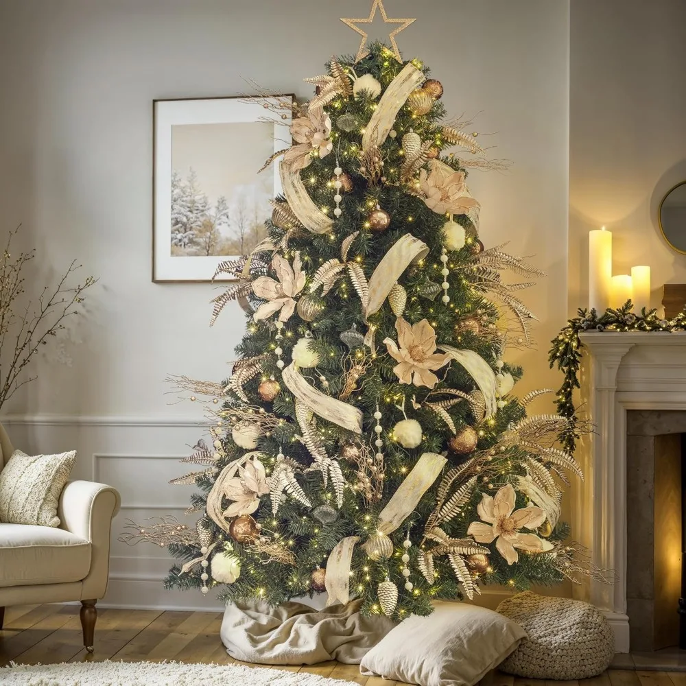 شجرة عيد الميلاد المضاءة مسبقًا باللون الذهبي الشامبانيا بطول 7 أقدام مع زخارف شاملة #2