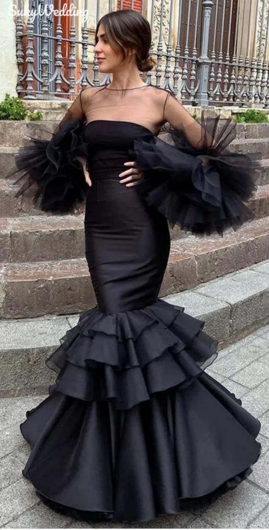 Black Flamenco Dress Retro Palace Mermaid Prom Dresses Illusion Flare Long Sleeves Ruffles Spain Dancing Women Party Gowns