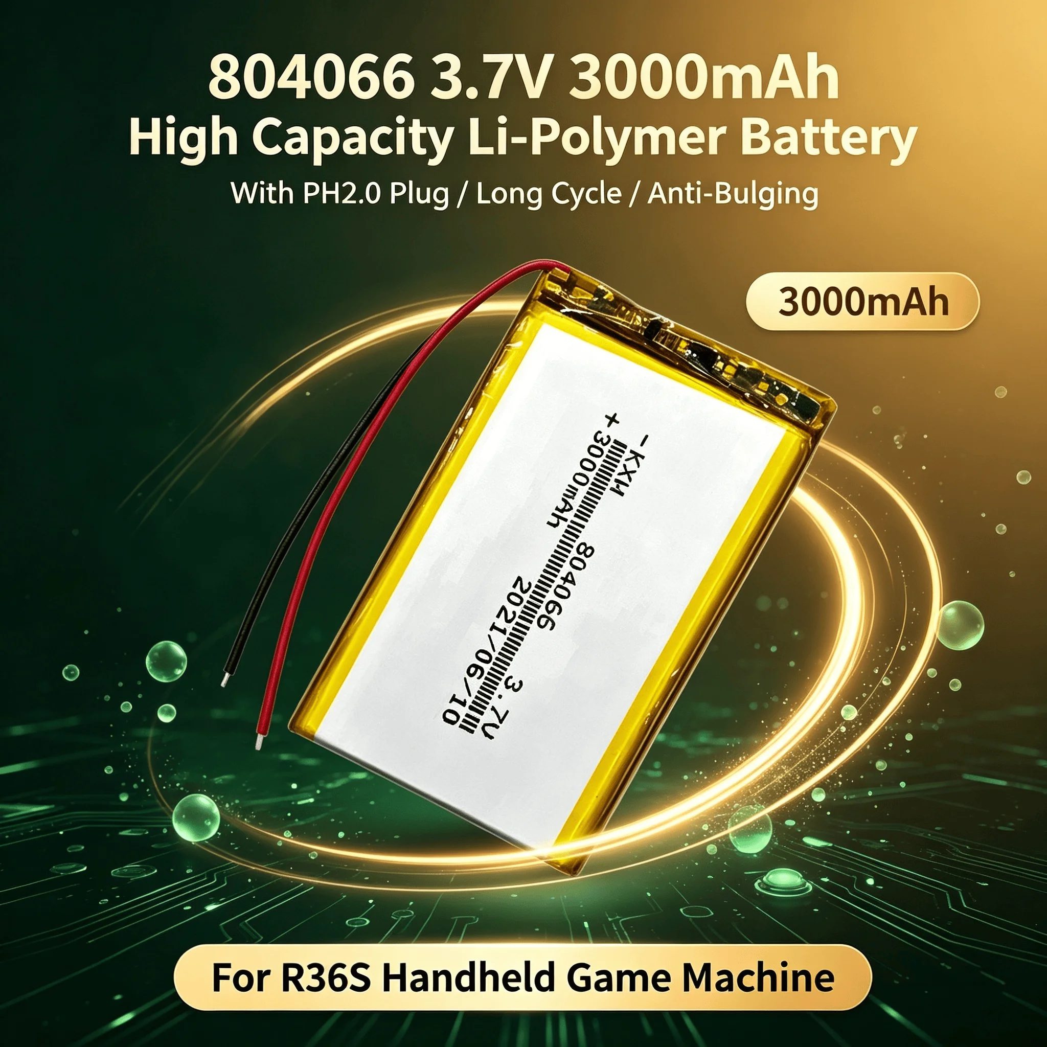 804066 3.7V 3000mAh High Capacity Li-Polymer Battery With PH2.0 Plug Long Cycle Anti-Bulging For R36S Handheld Game Console