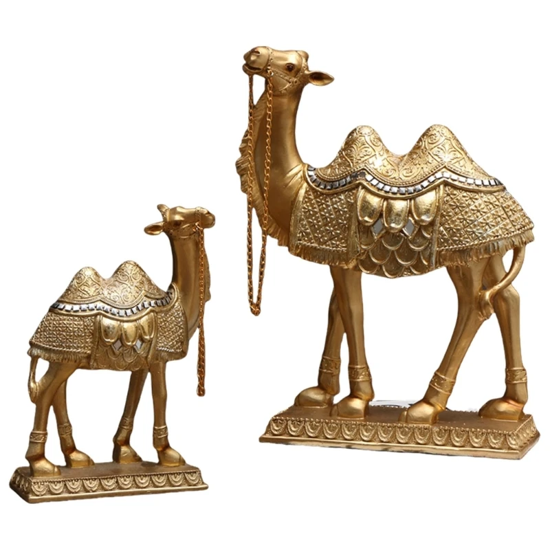 Standing Camels Sculpture with Saddles Blanket, Resin Desert Animal Figure for Bookshelfs Decoration