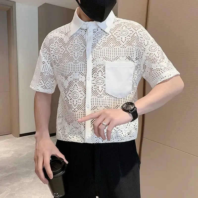 Men\'s Korean Fashion Sexy Hollow Luxury Business Casual Button Down Shirt Summer Black White Short Sleeve Slim Tops Ropa Hombre