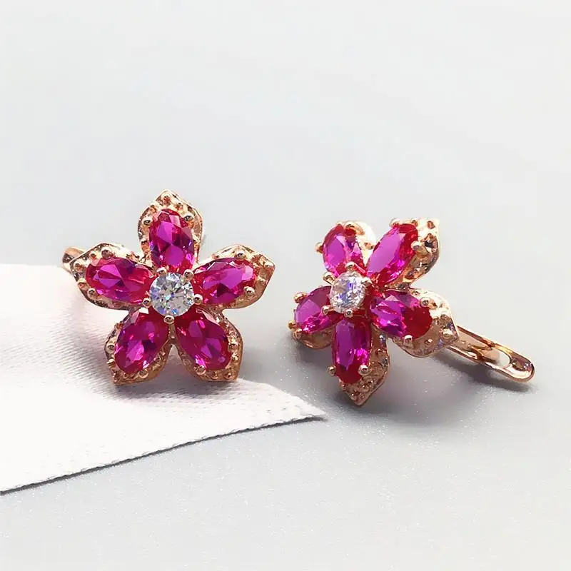 

585 Purple Gold Plated 14K Rose Gold Inlaid Flower Ruby Earrings for Women Classic Glamour Luxury Engagement Dinner Jewelry