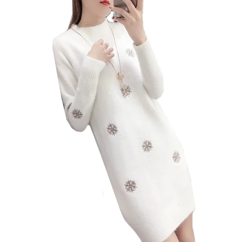 

Autumn Winter Women Pullover Knitted Sweater New Fashion Imitation Mink Velvet White Half Turtleneck Loose Jumper Ladies G1540