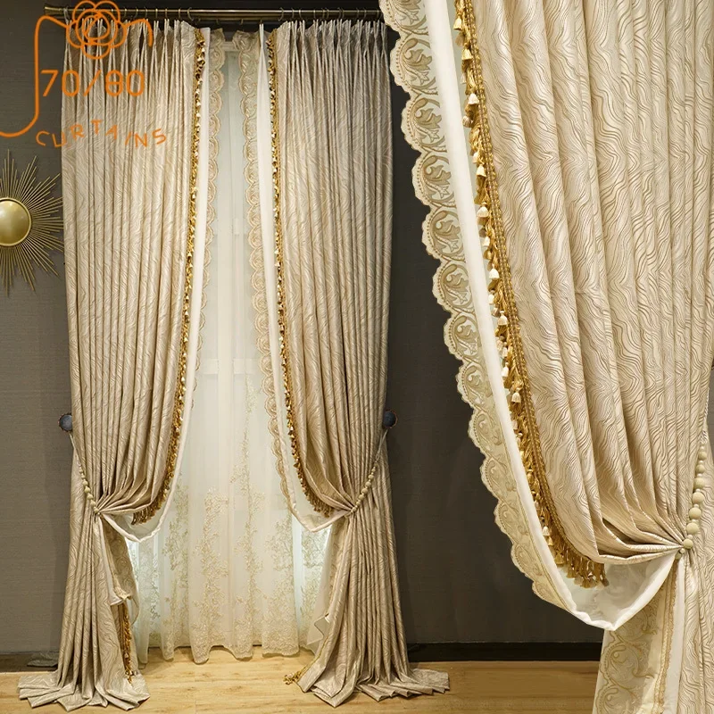 European High-grade Jacquard Lace Stitching Blackout Curtains for Living Room and Bedroom Customized Products