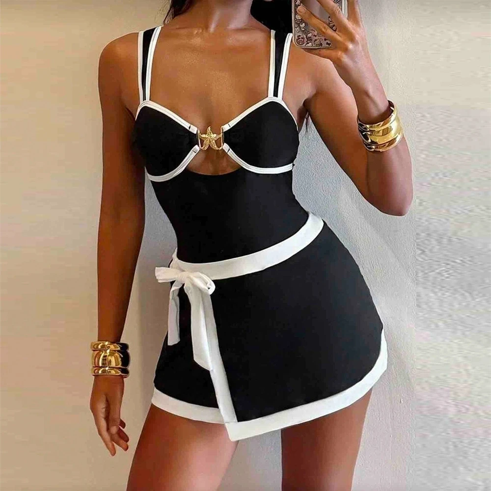 Traje de baño Sexy de una pieza con contraste negro, conjuntos de falda para mujer, traje de baño ajustado con Control de barriga y estrella de mar de Metal, traje de baño XXL