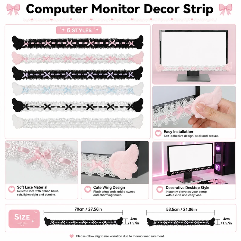 Cute Bow Lace Computer Monitor Decor Strip Stickers Wings, Girls Home Office Gaming Computer Screen Decoration & Dust Protection