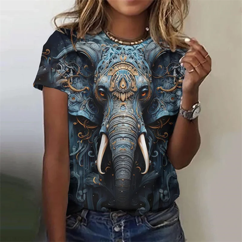 Vintage Elephant Pattern T Shirt For Women Funny Animal 3D Printed Short Sleeves Summer Leisure Tees Round Neck Tops T-Shirts