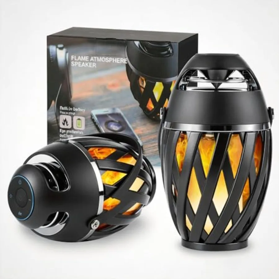 Outdoor Bluetooth Speakers Waterproof Wireless, Birthday Gifts for Men Dad, LED Flame Ambient Light, Camping Patio Accessories,