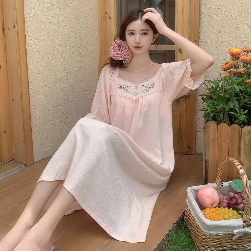 Summer Short Sleeve Cotton Long Dress Nightgowns for Women Korean Cute Lace Sleepwear Student Night Dress Nightdress Home Nighty