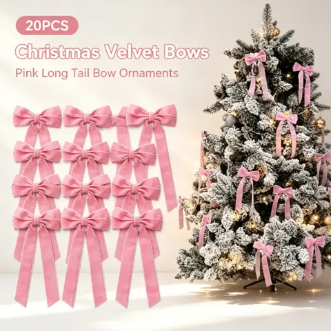 20Pcs Pink/Red Velvet Long Streamer Bow Decor, Christmas Ribbon Bow Hanging Ornaments for Xmas Tree Wedding Party Supplies