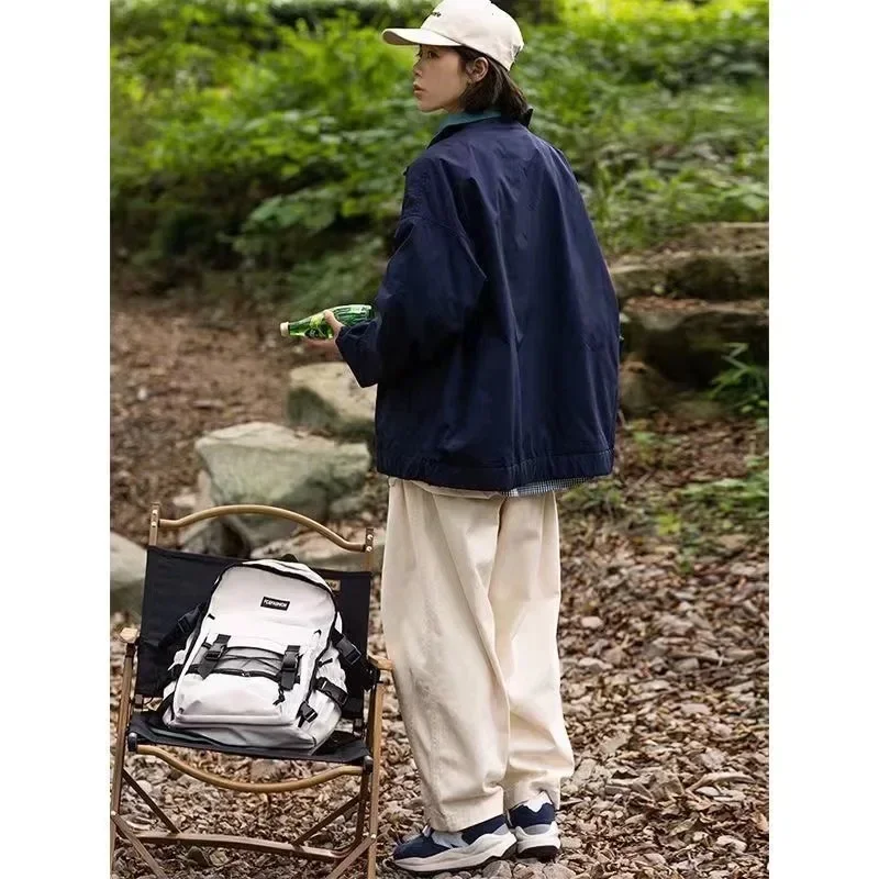 

Korean Harajuku Cargo Bomber Jackets Women Vintage 90s Aesthetic Patchwork Oversize Beige Jacket Zip Up Coat Windbreaker Y2K