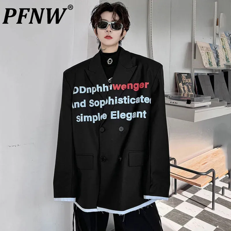 PFNW Niche Design Letter Print Oversize Black Men's Suit Jacket Loose Casual Colorblock Patchwork Double Breasted Blazers 9C4670