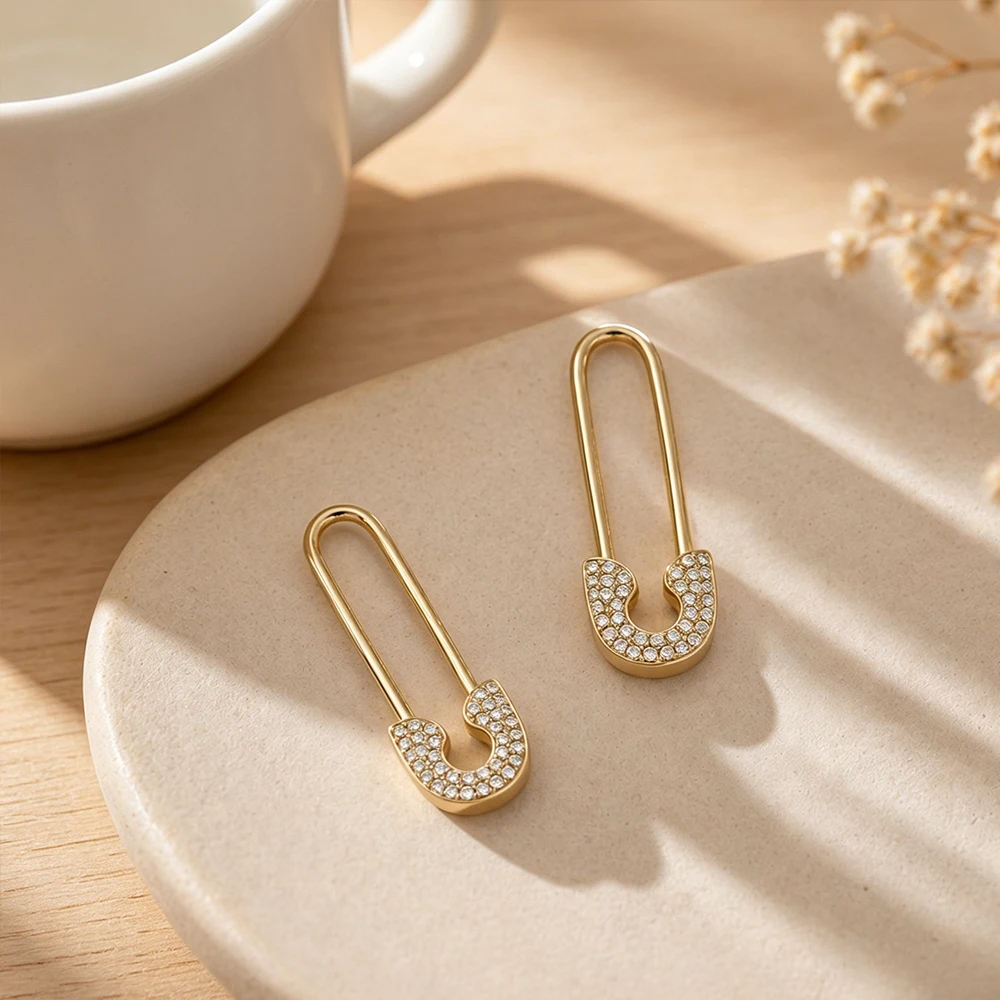Minimalist Safety Pin Shape Inlaid Zircon Earrings for Women