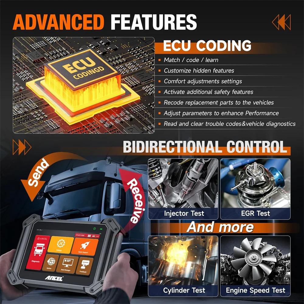 ANCEL V6 HD Diesel Heavy Duty Truck Scanner D.PF Regen ECU Coding Injector Cylinder Engine Speed Test Diesel Truck Diagnostic