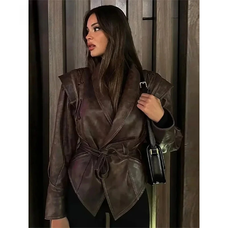 

Винтажная уличная куртка из искусственной кожи для женщин с поясом и v-образным вырезом на пуговицах, мотоциклетное пальто с длинными рукавами, осенняя женская верхняя одежда