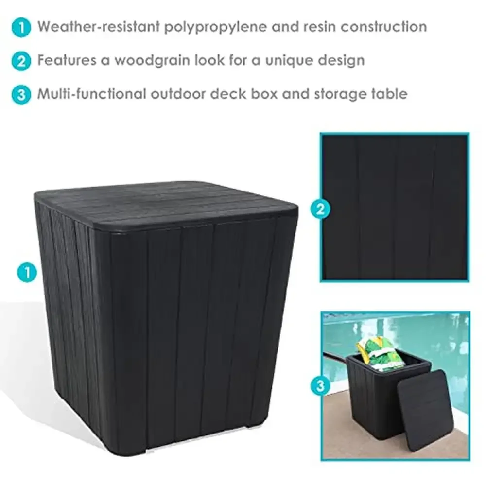 Deck Storage Box 11.5 Gallon Phantom Gray Faux Wood Grain Design End Table Patio Decor Resin Construction Multi-Use Storage