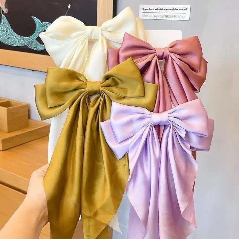 Koreanische Accessoires Haarspangen für Frauen und Mädchen, große Schleife aus festem Satin, lange Bandschleifen, Federklemme, Haarspange für Damen 2026 – Detail 5