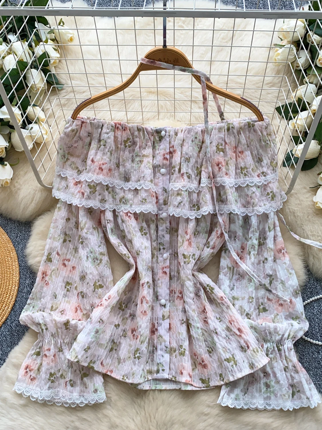 Floral Print Lace Splice Bell Sve One oulder Women's irt Korean Sle Loose Fit Long Sve Breathable Commute Wear