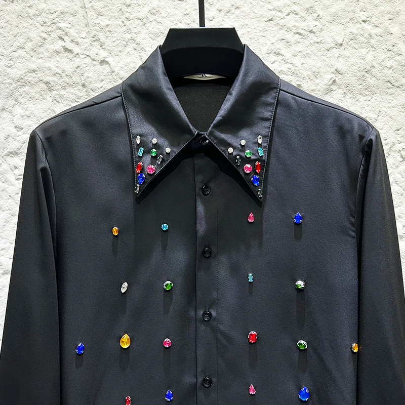 PFHQ تصميم جديد الرجال قميص ملون الماس الديكور شخصية الموضة طويلة الأكمام بدوره إلى أسفل طوق الاتجاه الذكور القمصان 21E7903 #5