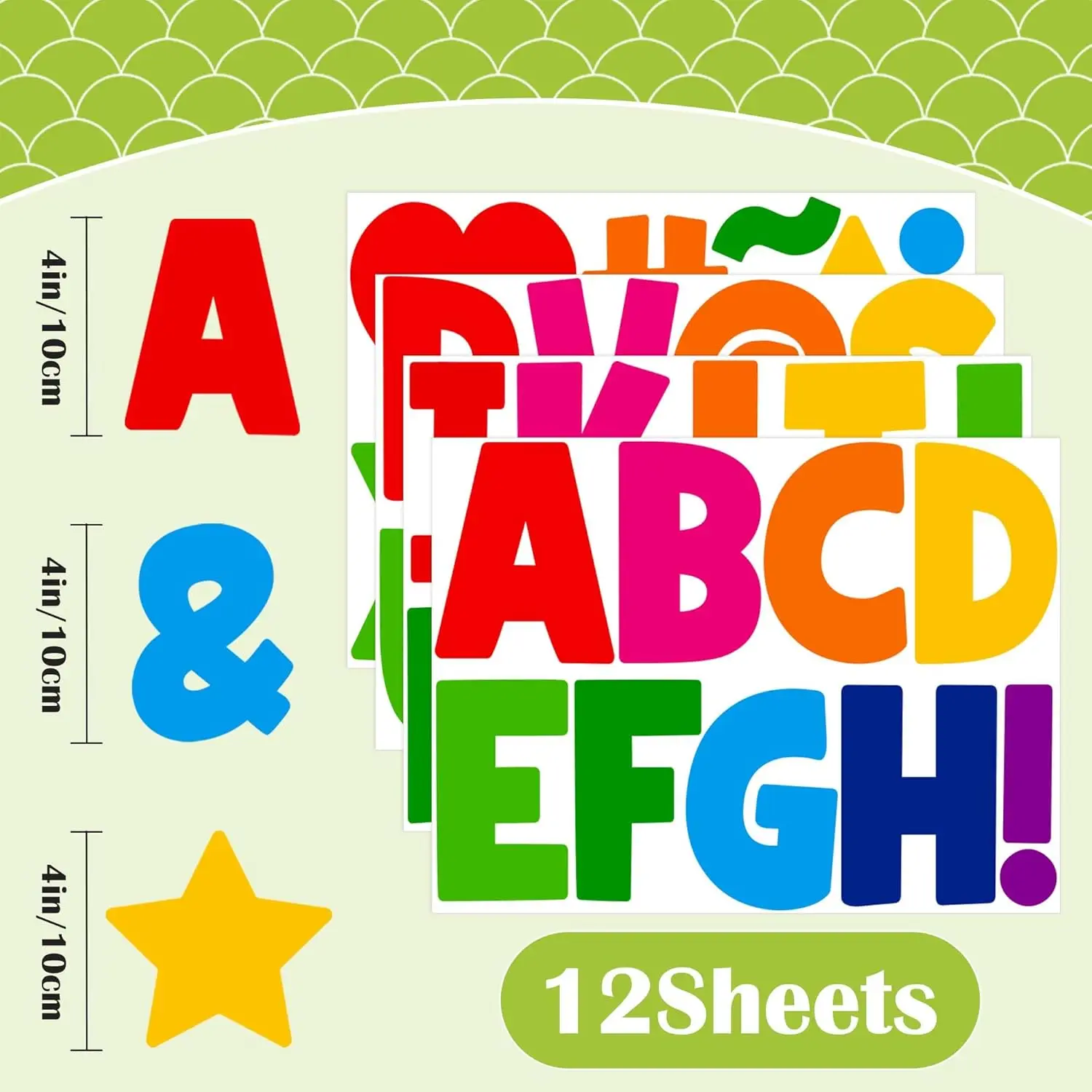 12Sheets 4 Inch Colorful Vinyl Alphabet Letter Stickers, Self-Adhesive Large Letters for Bulletin Board, Mailbox, Sign, Poster