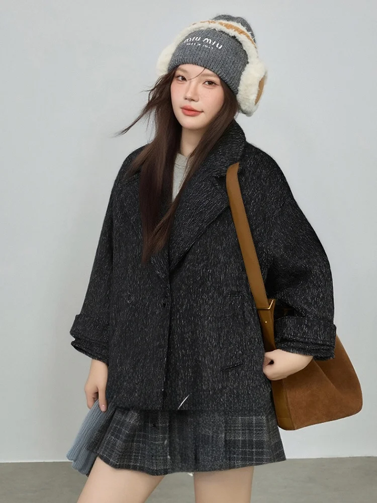 

Шерстяное пальто свободного кроя с двубортным воротником-стойкой, средней длины, для полных женщин, для повседневной носки и офиса